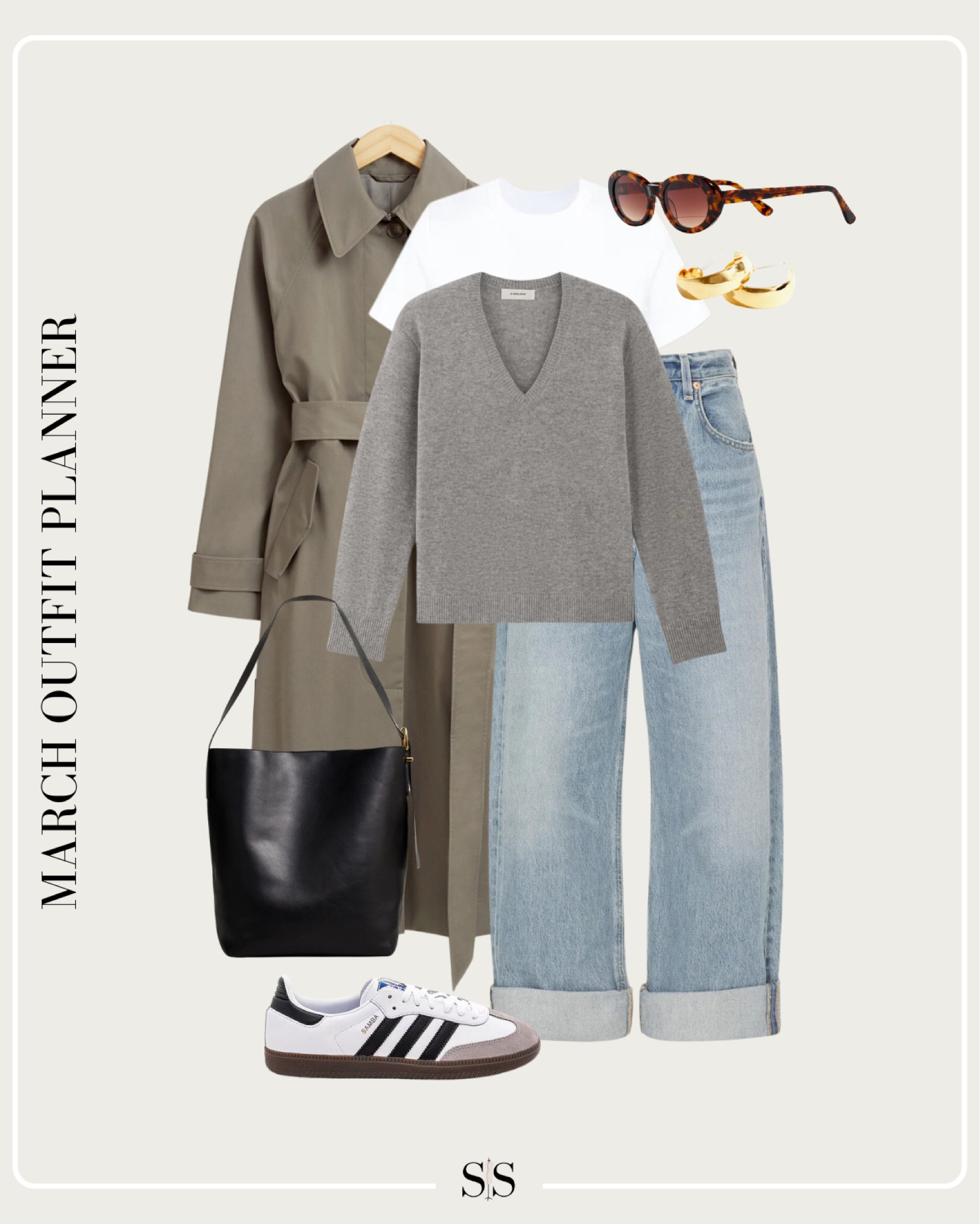 Monthly outfit planner MARCH: Winter to Spring transitional looks | trench coat, cashmere v neck sweater, basic tee, baggy cuffed jeans, sneaker, black tote 


#LTKStyleTip