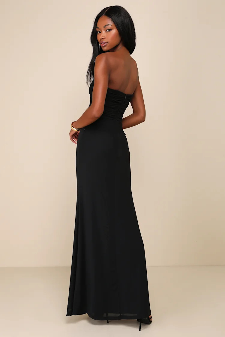 Epitome of Allure Black Mesh Strapless Ruched Tulip Maxi Dress | Lulus