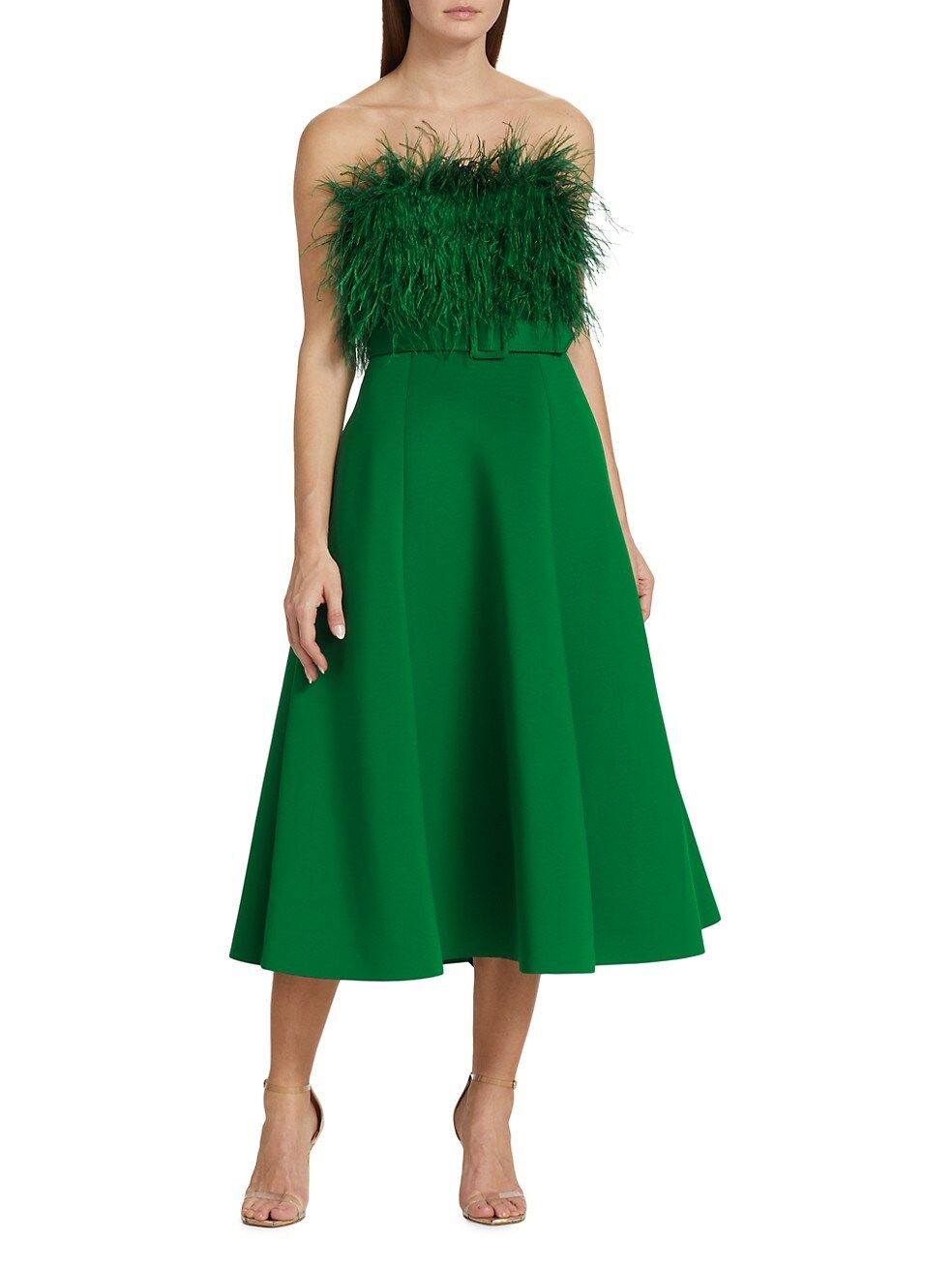 Badgley Mischka Feathered Belted Midi-Dress | Saks Fifth Avenue