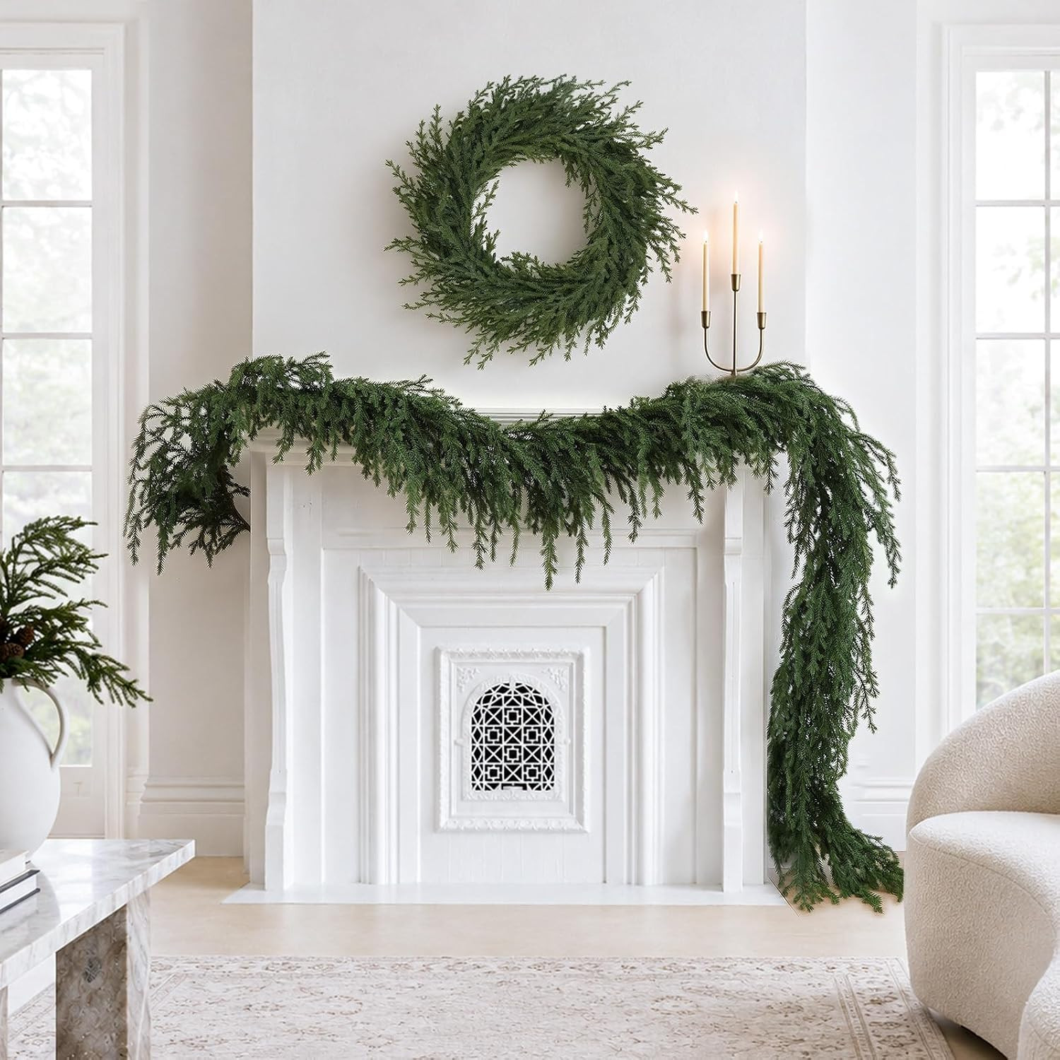 2PCS 9ft Update Norfolk Pine Garland, Real Touch Christmas Decorations | Amazon (US)