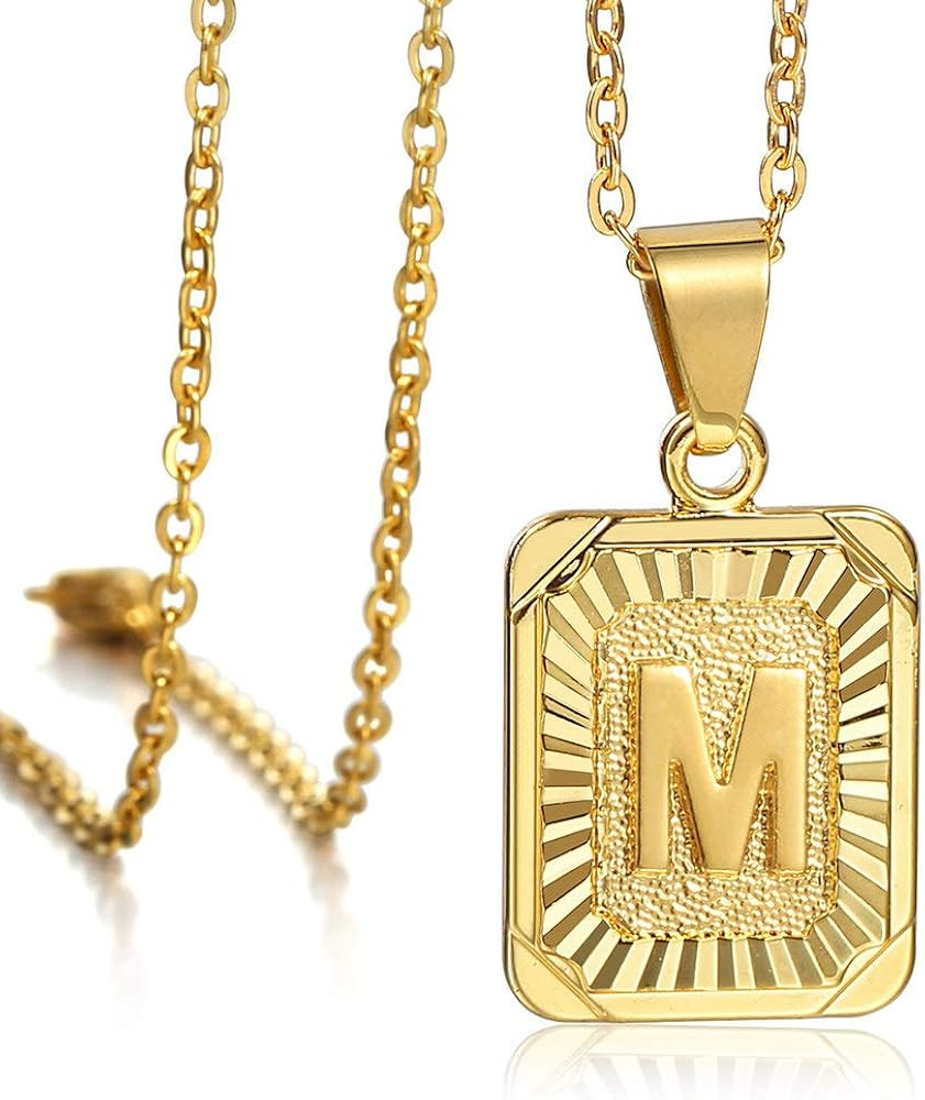 26 Gold Plated Square Capital Initial Letter Charm Pendant Necklace for Men Women Box Steel Chain... | Amazon (US)