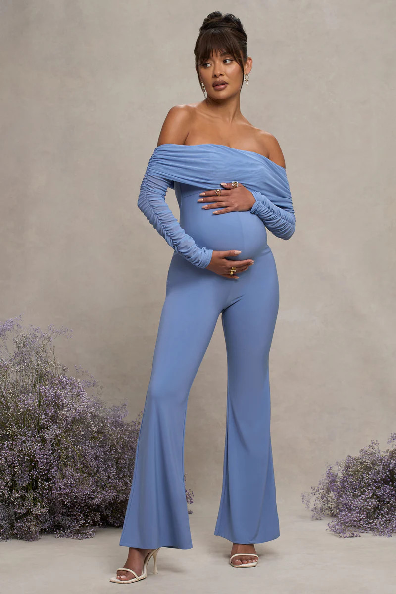 Count Down  Powder Blue Maternity Ruched Mesh Bardot Jumpsuit | Club L London