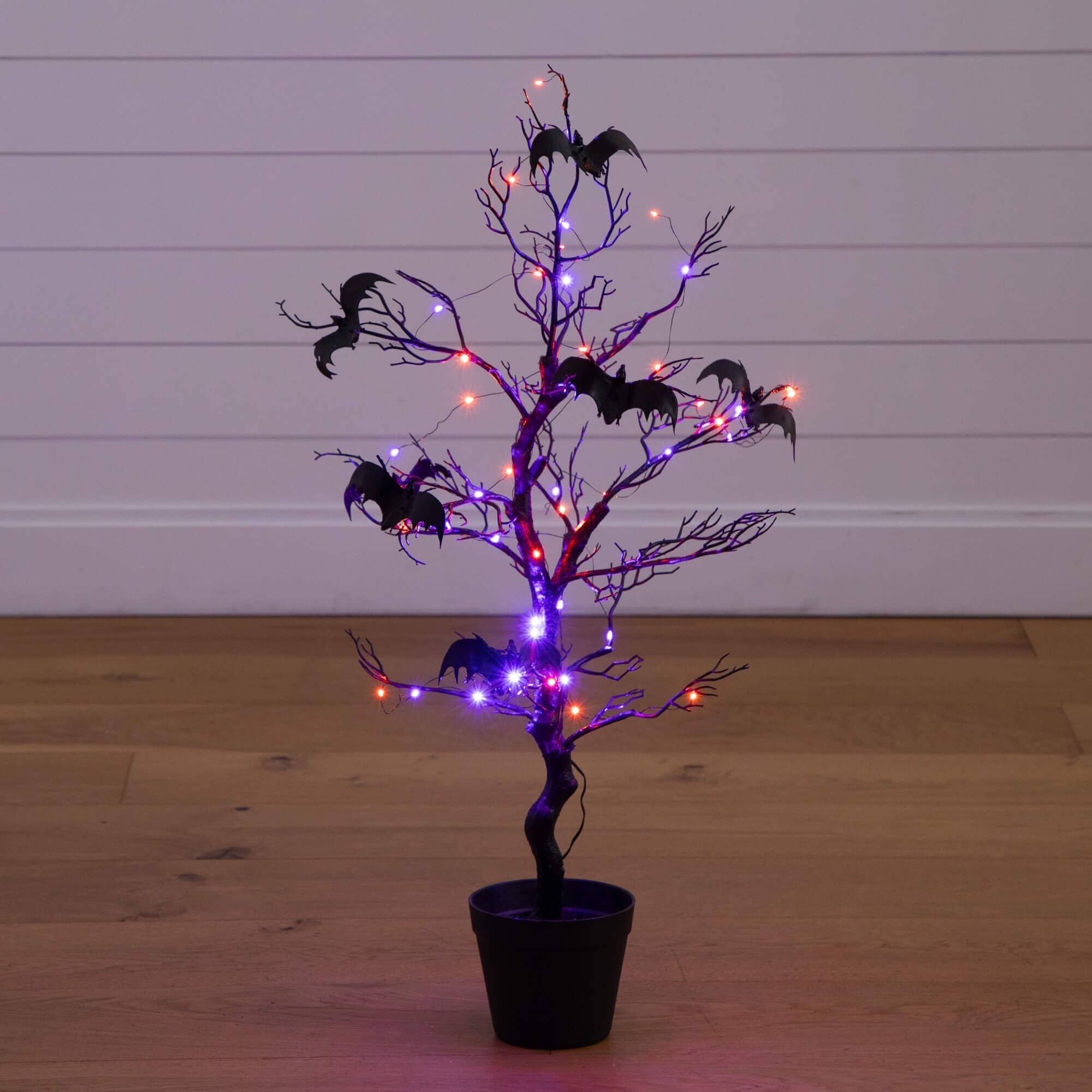 3' Pre-Lit Artificial Halloween Black Spooky Twig Tree with Bats and 1 | Nearly Natural