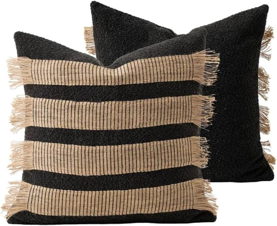 MOCOFO Striped Pillow Cover, Black/Natural, Handwoven Jute Fringe, 18x18in | Amazon (US)