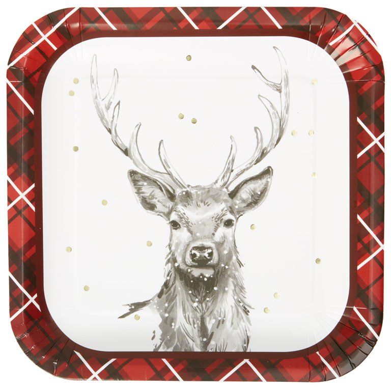 Holiday Time Majestic Stag Premium Tableware, Red, White, Black Plaid, 8 Count - Walmart.com | Walmart (US)