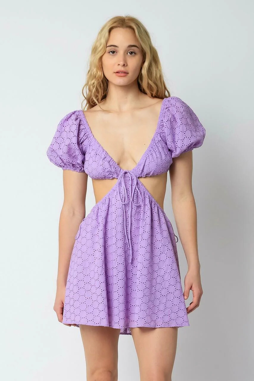 Lavender Eyelet Cutout Puff Sleeve Mini Dress | Boho Pink | Boho Pink