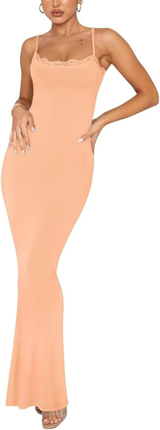 REORIA Women's Summer Lace Slip Lounge Long Dress Sexy Casual Elegant Backless Ribbed Bodycon Max... | Amazon (US)