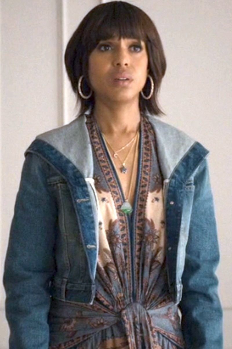 Apple TV ‘Imperfect Women’: Where to Get Kerry Washington’s Outfits as Eleanor   Cropped Hooded Denim Jacket (or get a similar jacket for less here) and a Paisley Printed Plunge Maxi Dress.