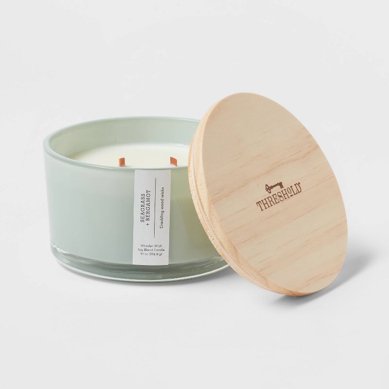 14oz 3-Wick Round Base Glass Candle with Wooden Wick Seagrass & Bergamot Green - Threshold™ | Target