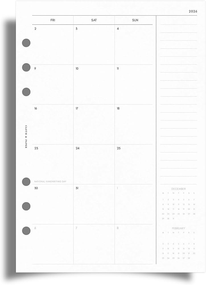 Cloth & Paper 2026 Monthly Planner Inserts - A5 Size 5.8x8.3 Inches, 6-Ring Planner Refills, Mond... | Amazon (US)