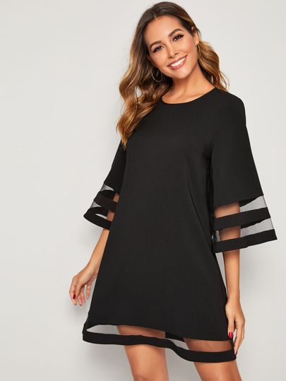 SHEIN Solid Mesh Insert Dress | SHEIN