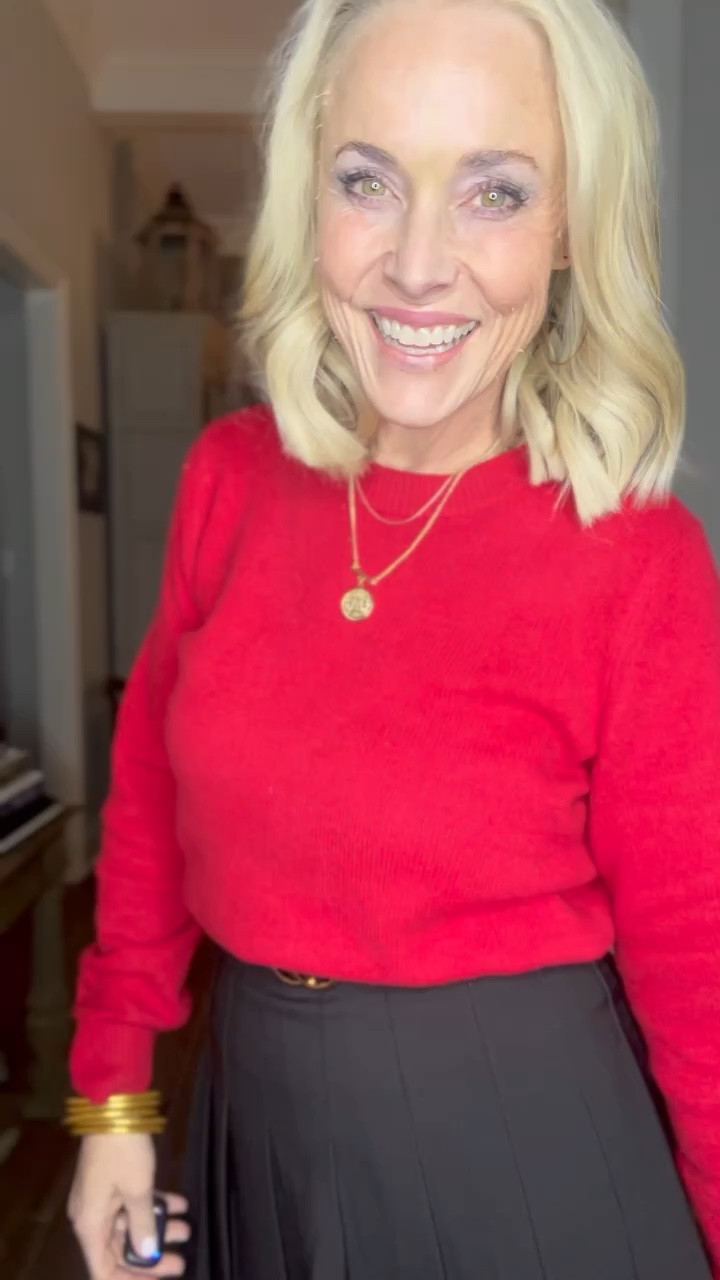 You may think I’ve had my Thanksgiving Day outfit picked out for weeks, but nope. That’s not how I roll. I didn’t decide on this until after putting two other things on and deciding to change. 🤷🏼‍♀️ The criteria for me was narrowed down solely by what I can’t wear to work. Hence the black skort from Amazon. I did size up to a large for added length , but I still only have so many opportunities to wear things that are short like this because in teach in an all-boys Catholic school. 

The red sweater is a new purchase from my Gap haul a week ago. I’m in a medium. It is super soft and not bulky, so I could easily tuck it in and wear the black belt I love from the Amazon two-belt set (one brown and one black). It was pretty cold here today, so I wore the viral fleece-lined tights for the first time. And let me tell you they are definitely worth the hype. I’m glad I bought them as a pair with brown ones because I have a feeling they are going to be on repeat this winter. Finished the look off with my black cowboy boots and everyday gold jewelry. 

I’m going to do a separate post on the tights at some point because they are that good!  But I’m in the 220g-Thin Fleece in the L-XL. I might could’ve gone down a size in them, but I didn’t want to risk it, and in the end, I was super comfy in them alllll day. 

As a reminder, I’m 53, 5’8, 140 lbs and typically wear a size 6/8/M  

#LTKCyberWeek #LTKover40 #LTKstyletip