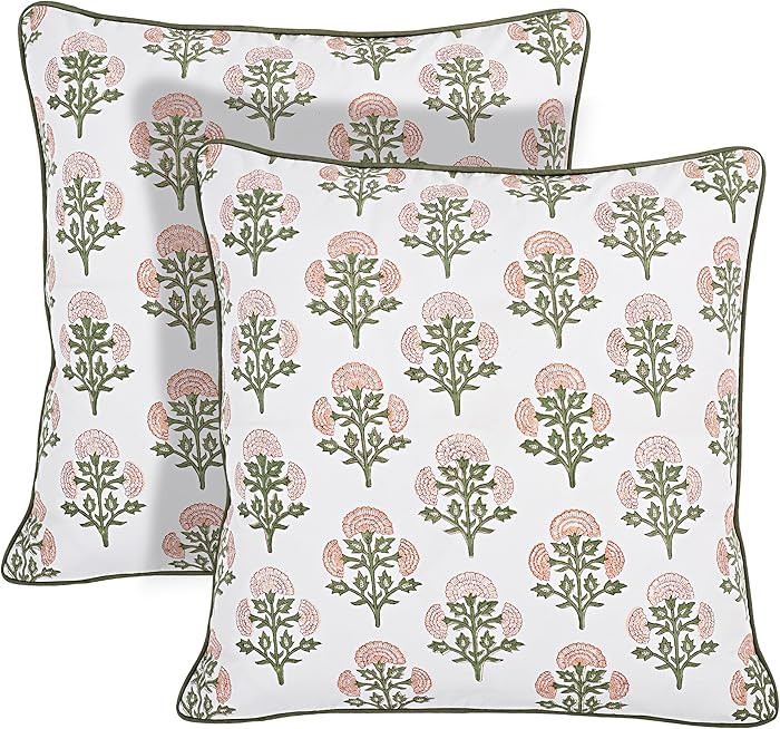 Ridhi Block Print Mughal Buta Peach Pillow Cover 18" x 18" (Pack of 2) Decorative Couch Pillows f... | Amazon (US)