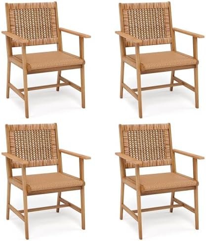 PHI VILLA Outdoor Acacia Wood Dining Chairs Set of 4, Armchairs with Strong Wicker Back & Seat, F... | Amazon (US)