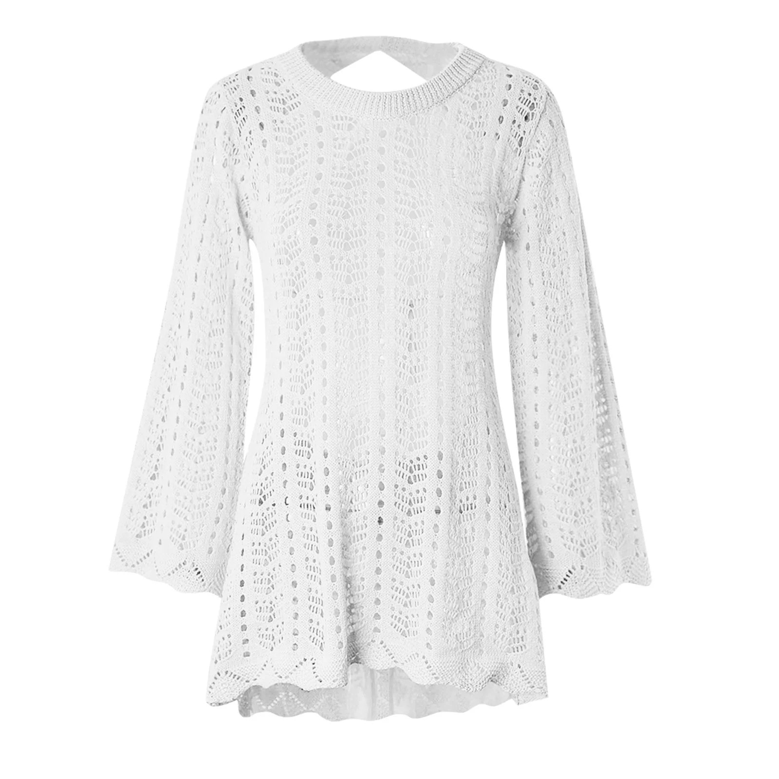 TQWQT Swimsuit Coverup for Women Crochet Hollow Out Long Sleeve Round Neck Beach Swimsuit Bathing... | Walmart (US)