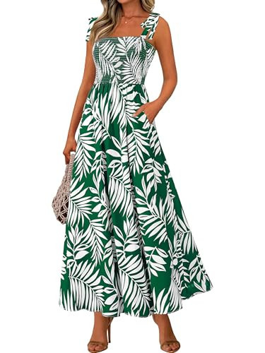 PRETTYGARDEN Womens Summer Dresses Floral Sleeveless Smocked Maxi Dress Boho Spaghetti Strap A Line Flowy Beach Long Sundress(Green Flower,Medium) | Amazon (US)