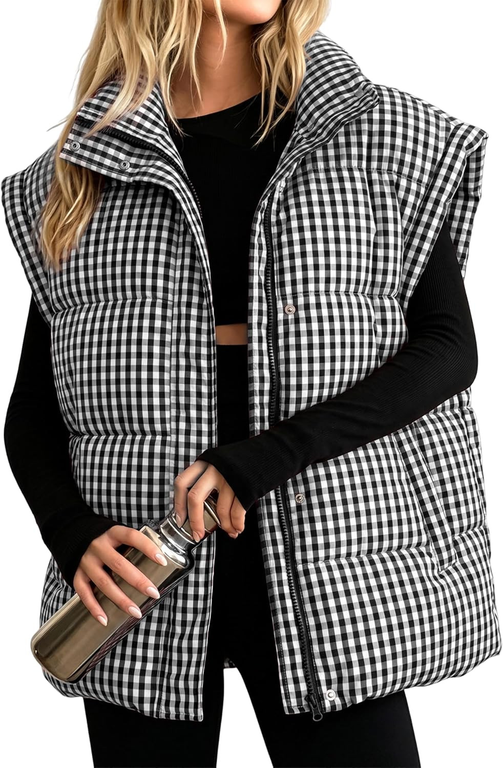 Womens Oversized Puffer Vest Gingham Sleeveless Jacket | Amazon (US)