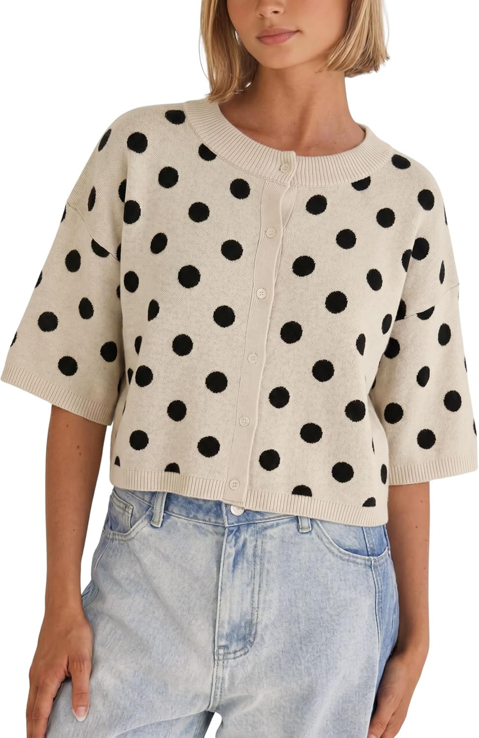 Daacee Women's Cropped Polka Dot Cardigan Casual Short Sleeve Sweater Top | Amazon (US)