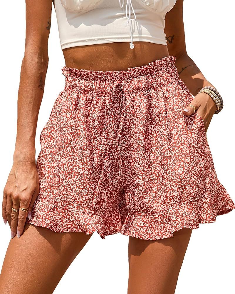 BTFBM Women's Summer Shorts 2024 Floral Elastic High Waisted Belted Casual Beach Ruffle Short Lou... | Amazon (US)
