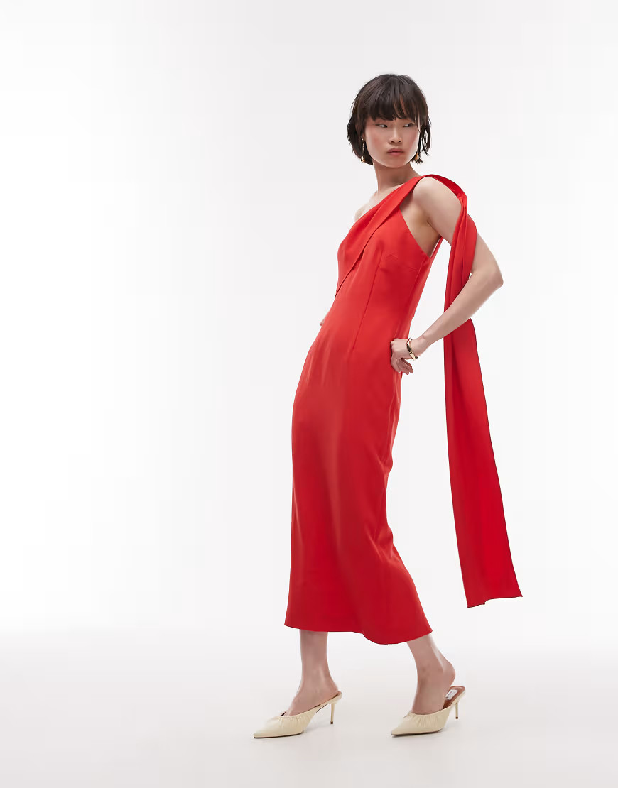 Mango one sholder draped dress in red | ASOS (Global)