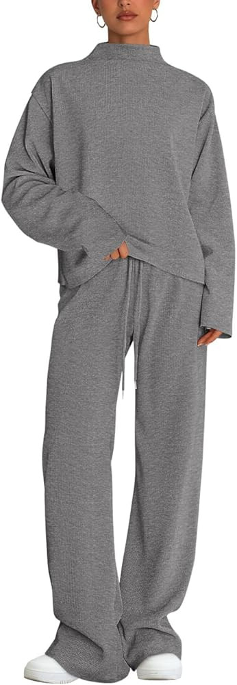 PRETTYGARDEN Two Piece Sets for Women Fall Sweatsuit Long Sleeve Knit Mock Neck Tops Wide Leg Pan... | Amazon (US)