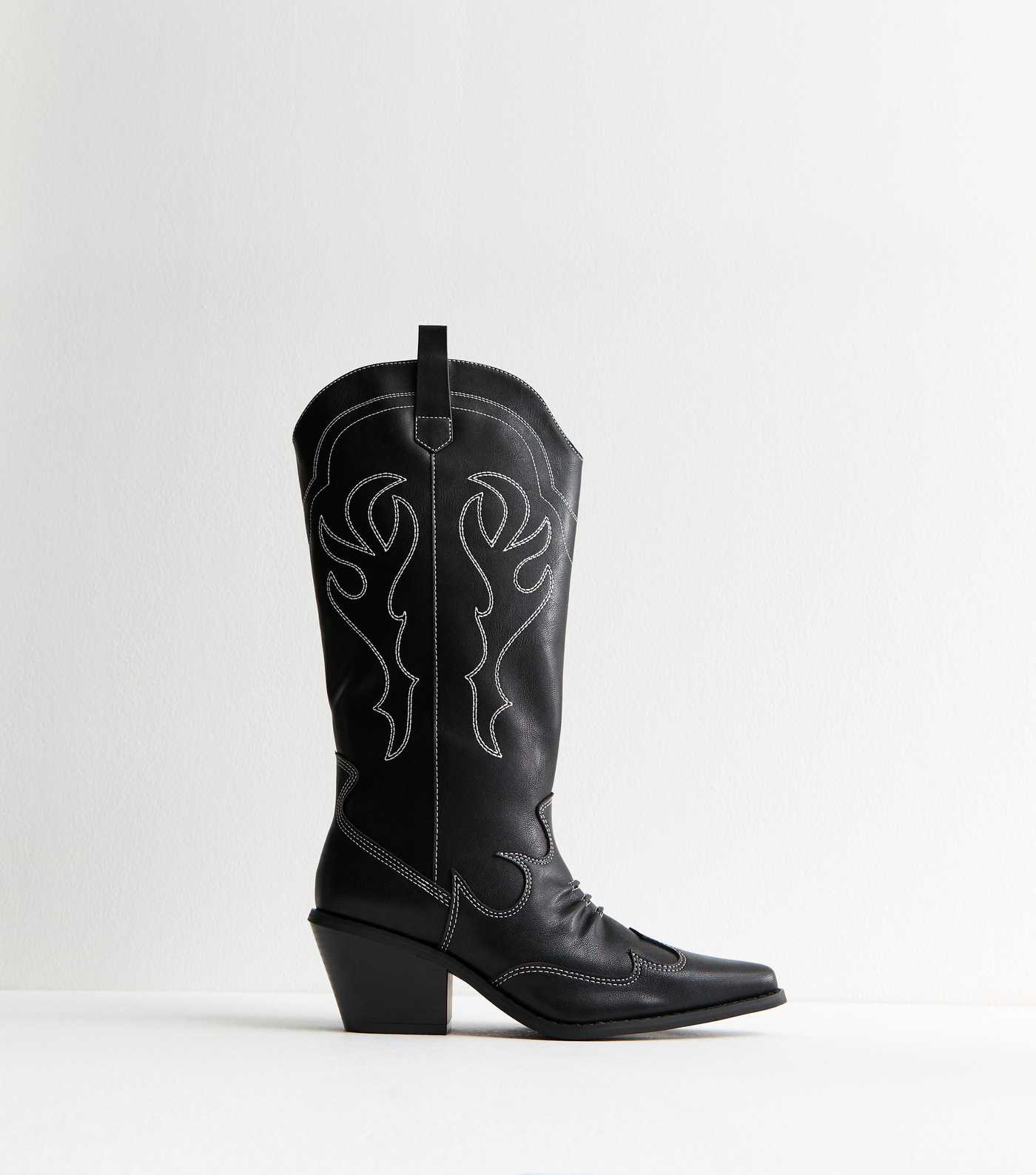 Black Faux Leather Stitch Detail Cowboy Boots | New Look | New Look (UK)