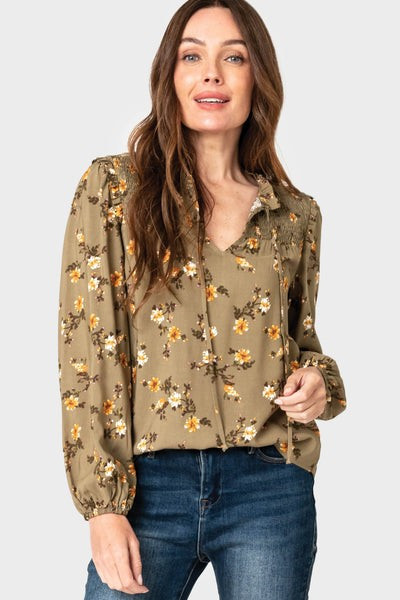 Smocked Yoke Tie Neck Blouson Slv Blouse | Gibson