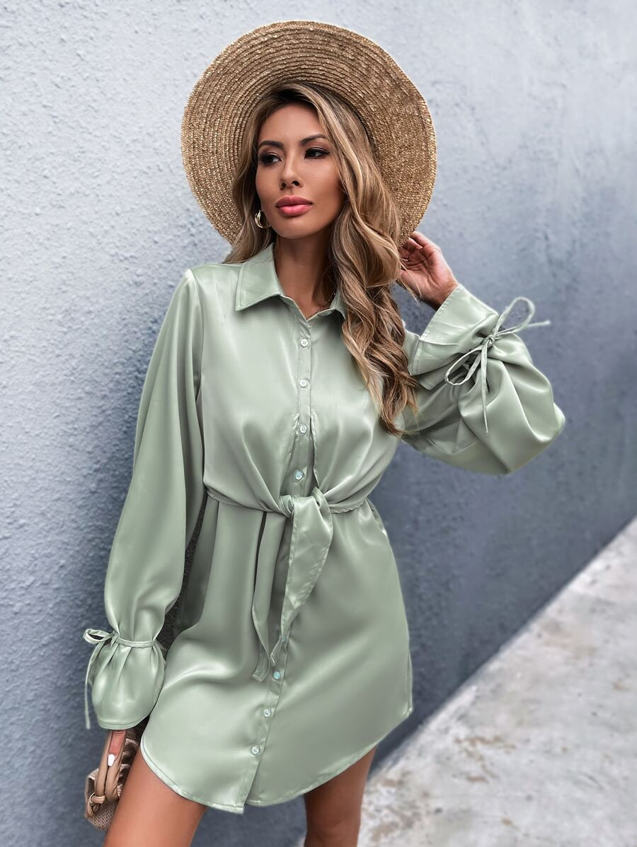 Satin Button Through Tie Front Flounce Sleeve Shirt Dress | SHEIN