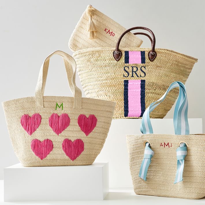 Hearts Embroidered Straw Beach Bag | Mark and Graham