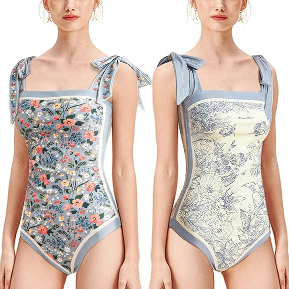 Women Floral One Piece Swimsuits, Reversible Tie Shoulder Monokini, Tummy Control Bathing Suits, ... | Amazon (US)