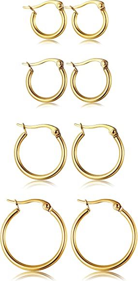 ORAZIO 4 Pairs Stainless Steel Hoop Earrings Set Cute Huggie Earrings for Women,10MM-20MM | Amazon (US)