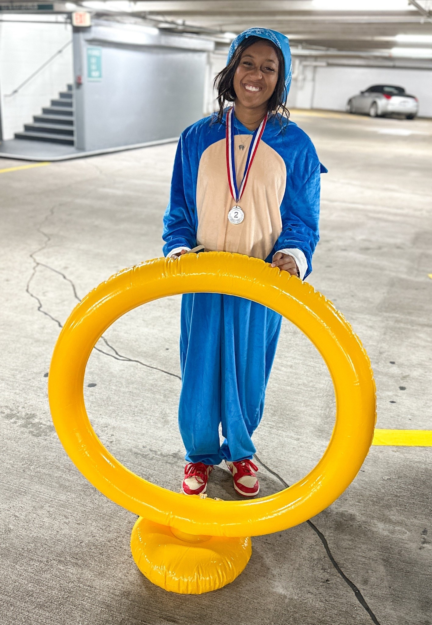 Sonic onesie and blowup sonic ring for competition! Her team came out in 2nd place! #sonic #teams #sonicrings 