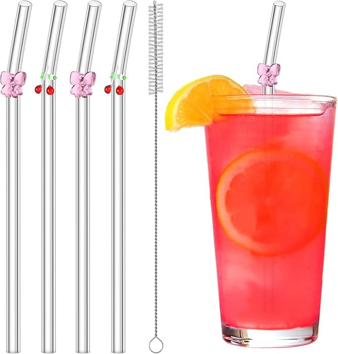4 popotes de vidrio reutilizables con 1 cepillo de limpieza, diseño de lazo colorido de cereza y... | Amazon (US)