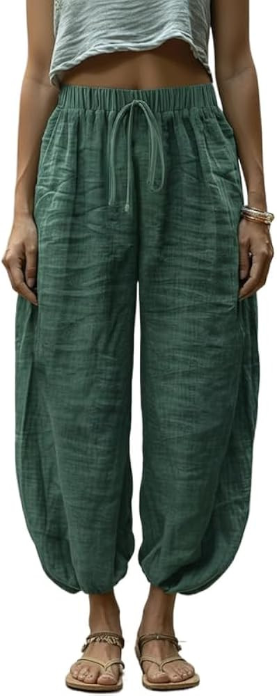 Women's Elastic Waist Lightweight Pants Casual Cotton Linen Wide Leg Drawstring Palazzo Beach Vac... | Amazon (US)