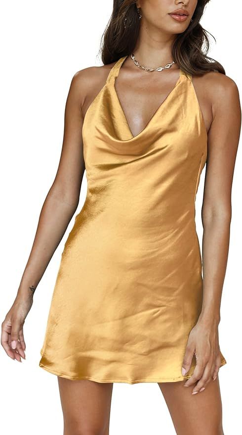 NENONA Women's Cowl Neck Party Sexy Satin Dress Halter Backless Cute Spring Casual Summer Club Ni... | Amazon (US)