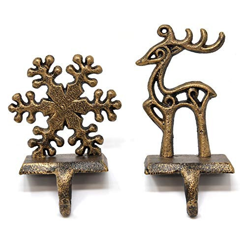 Gift Boutique Christmas Stocking Holder Set of 2 Metal Reindeer and Snowflake Stockings Hanger Hook Mantle or Fireplace Decor Vintage Decorations | Amazon (US)
