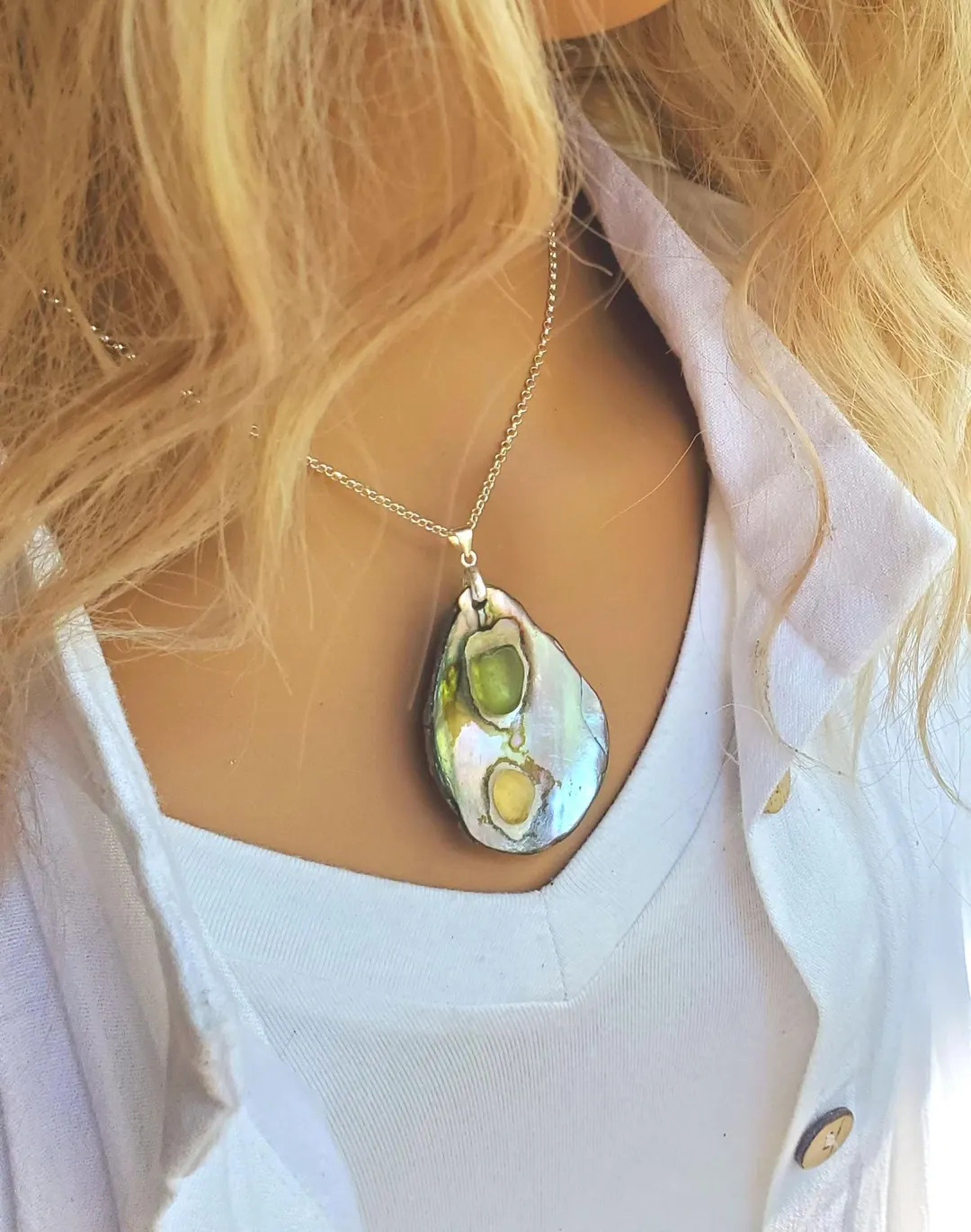 Abalone Shell & Sea Glass Necklace: Rare Olive Green and Yellow Ocean Glass, Sterling Silver; Eth... | Etsy (US)