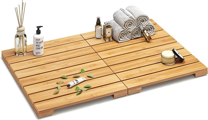 Waterproof Bamboo Bath Mat for Shower, Wooden Floor Mat for Bathroom, Foldable | Non-Slip | Heavy... | Amazon (US)