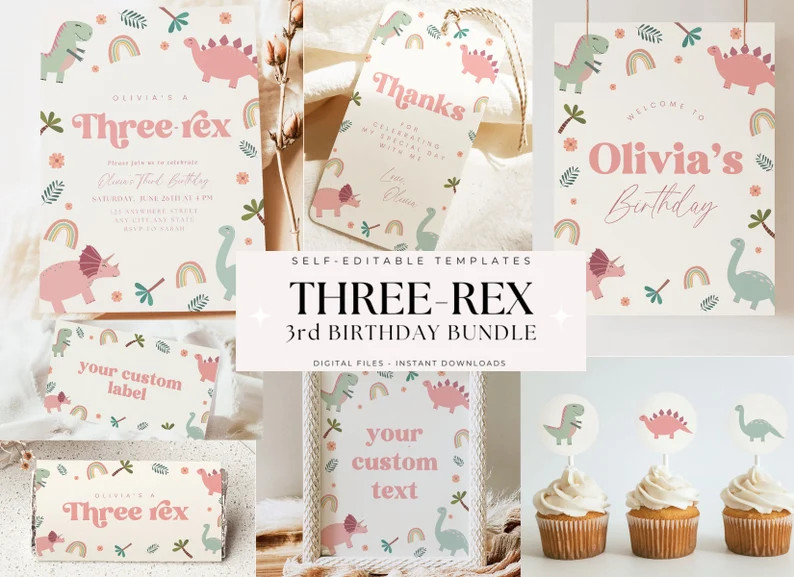 Editable Three Rex Birthday Bundle Girl Dinosaur Birthday Package Three-rex Birthday Third Birthd... | Etsy (US)