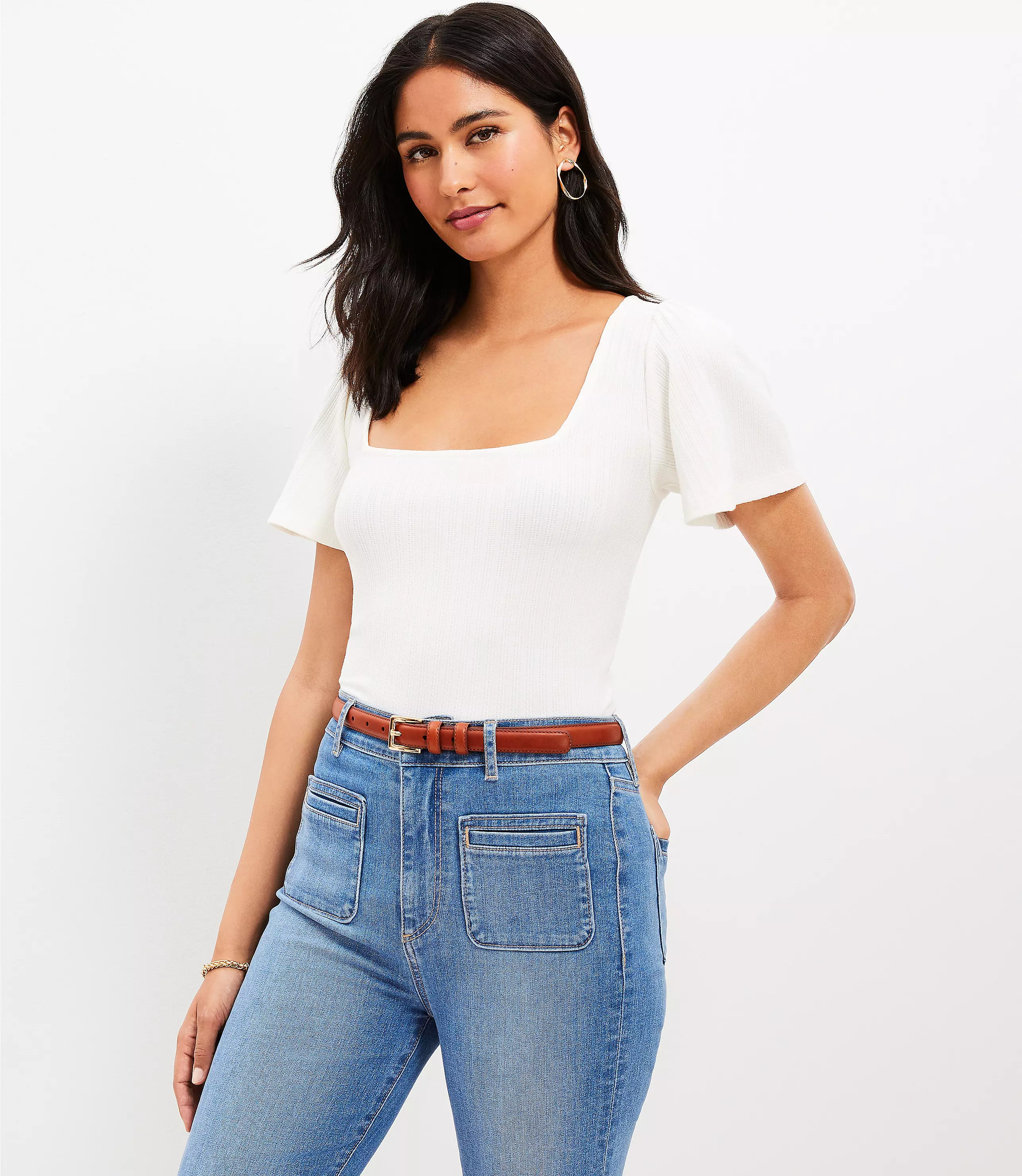 Pointelle Tie Back Square Neck Top | LOFT