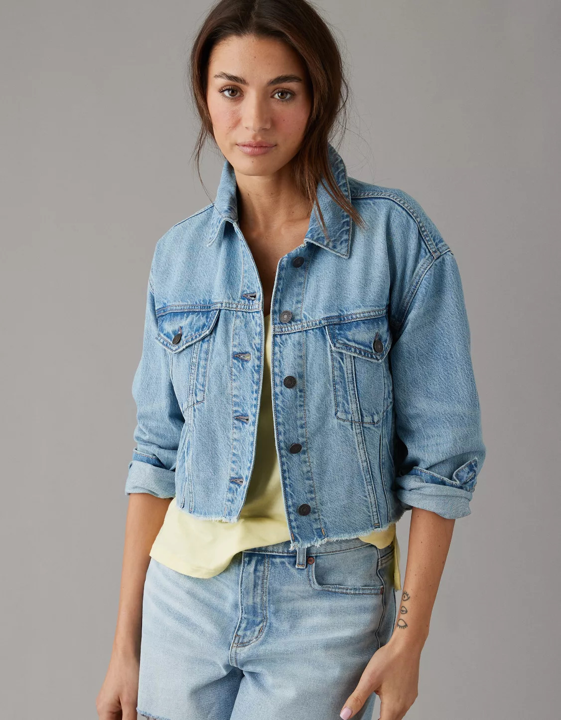 AE Dreamy Drape Stretch Cropped Denim Jacket | American Eagle Outfitters (US & CA)