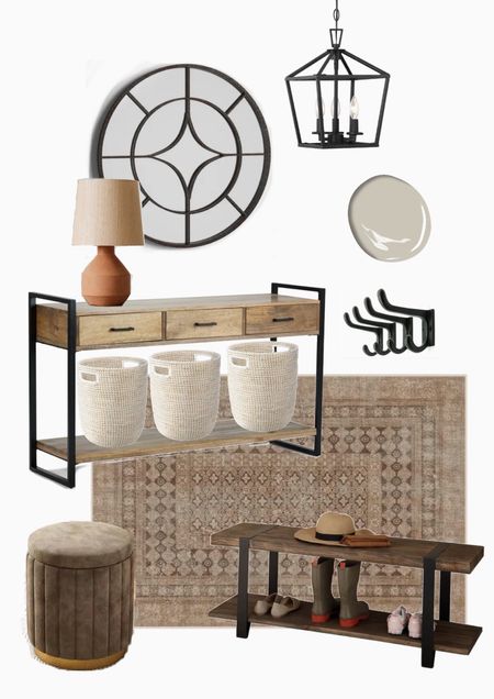 Entryway decor moodboard in modern farmhouse style. 
Entryway table and bench. 
Entryway rug  

#LTKhome