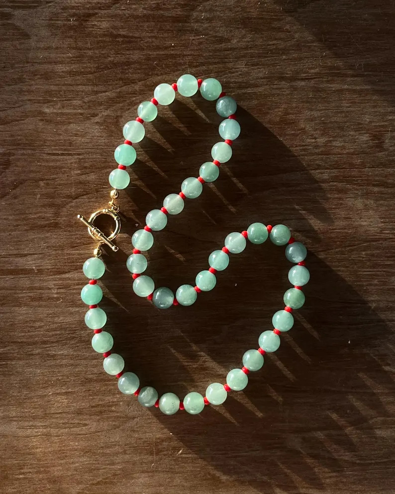 Green Aventurine Beaded Necklace: Minimalist Gemstone & Red Seed Beads - Etsy | Etsy (Global)