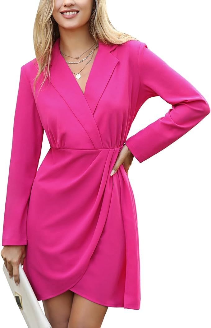 EXLURA Women's Long Sleeve Wrap V Neck Bodycon Formal Work Dress Ruched Cocktail Mini Dress Elega... | Amazon (US)