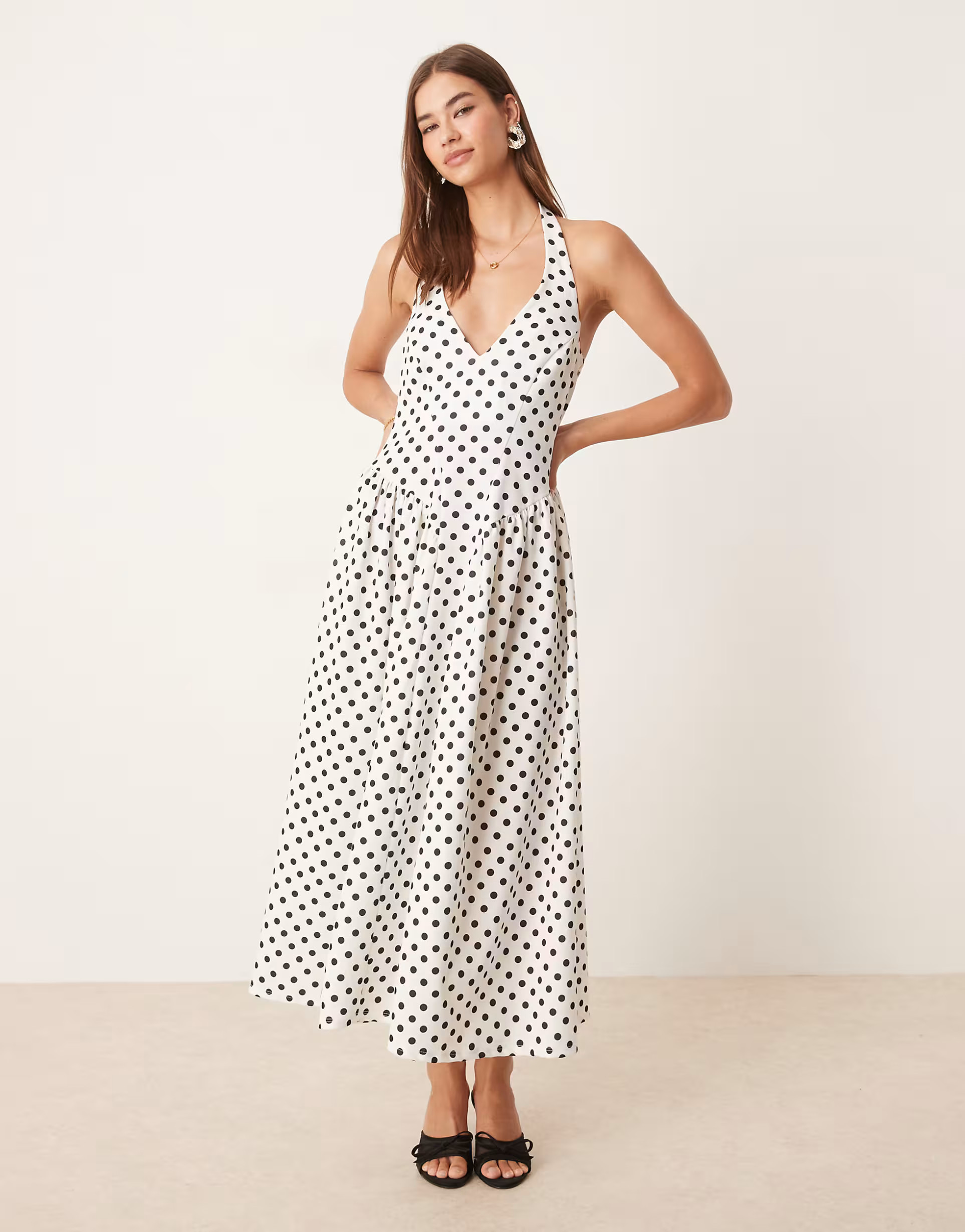ASOS DESIGN halter neck corset detail midi dress with godets in polka dots | ASOS (Global)