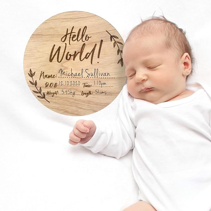 Baby Announcement Sign, Wood Hello World Name Plaque | Amazon (US)