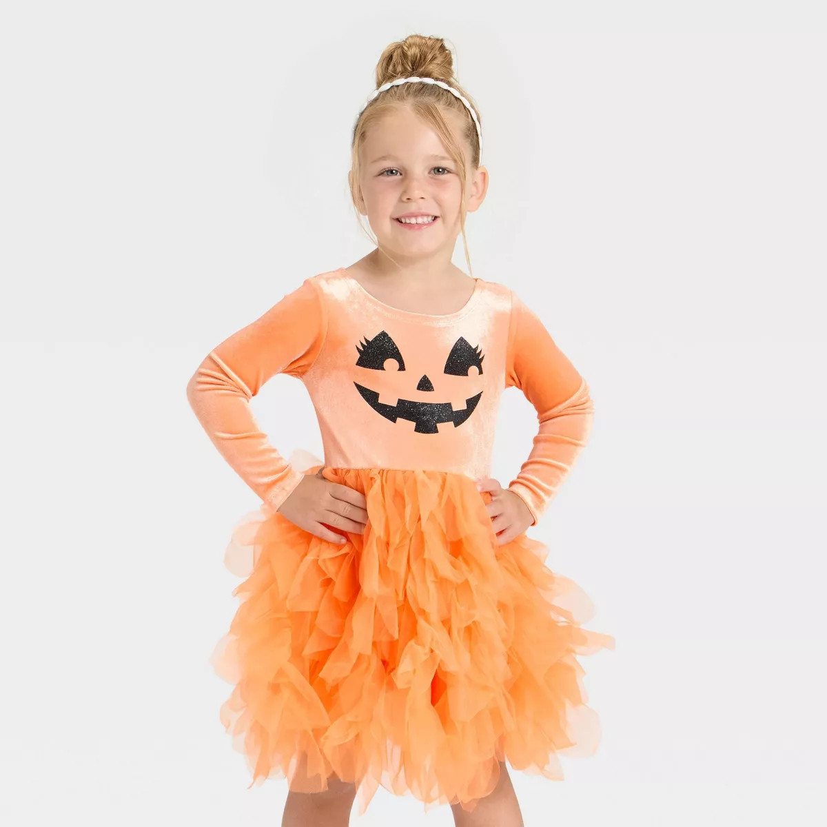 Toddler Girls' Halloween Pumpkin Jack-o'-lantern Tulle Dress - Orange 4T | Target