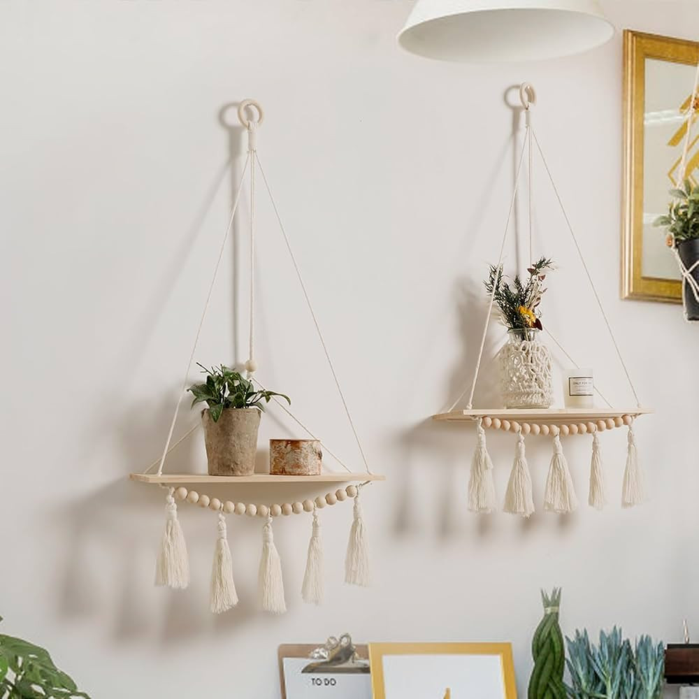 Artilady Macrame Wall Hanging Shelf - 2 Pack Wood Shelves Boho Wall Shelf Decor with Tassels & Wo... | Amazon (US)