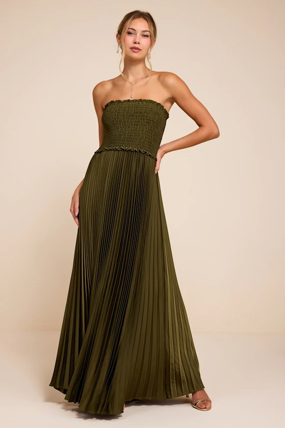 Damira Olive Satin Pleated Strapless Maxi Dress | Lulus