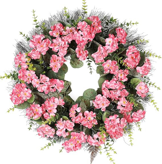 Spring Summer Wreaths for Front Door 24 Inch Pink Artificial Geranium Wreath with Blessed Hanging... | Amazon (US)